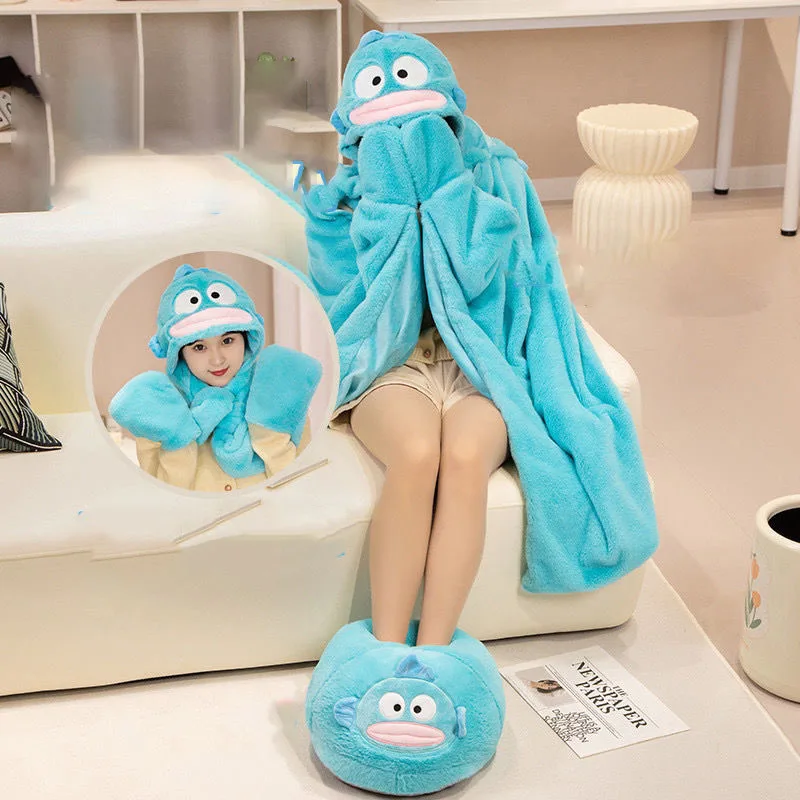

New Sanrio Cloak Blanket Kawaii Hangyodon Kuromi Anime Cartoon Cute Children Hooded Bath Towel Plush Warm Slippers Girls Gifts