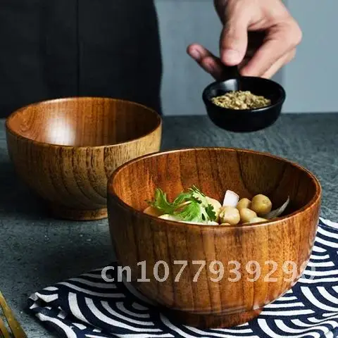 

Wooden Japanese Style Rice Soup Salad Bowl Large Small Food Container for Kids Tableware Wooden Utensils