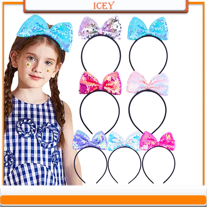 1pc Sequin Birthday Headband Girls Party Cute Hair Bands Shiny Reversible Bow Bling Hair Accessories