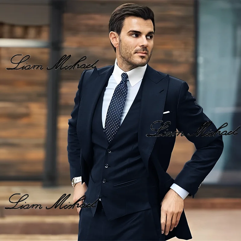 

Navy blue Suit for Mens Three-piece Business Workwear Suit Jacket Pants and Vest Party Wedding Groom's Dress Custom Tuxedo