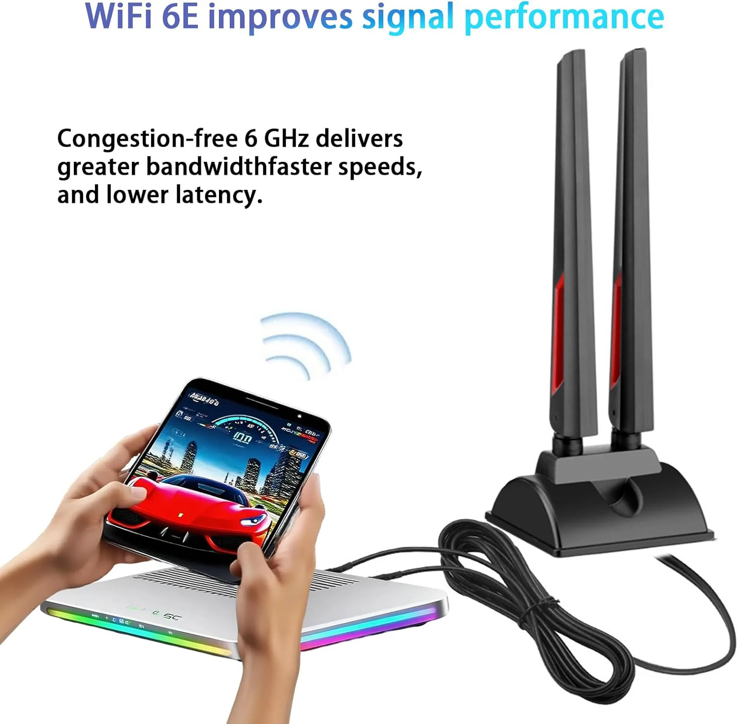 WiFi 6E 트라이밴드 안테나 6GHz 5GHz 2.4GHz 게이밍 WiFi 안테나 PC 데스크탑 컴퓨터용 6.5피트 연장 케이블이 있는 마그네틱 베이스