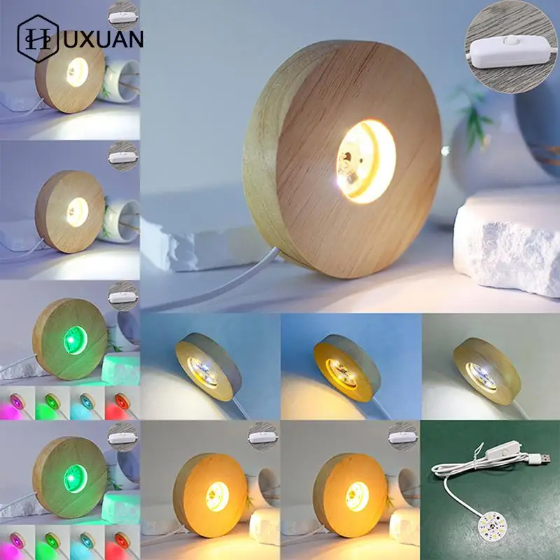 Wood Round LED Night Light Base Art Display Holder USB Lamp 100mm For Crystals Glass Ball Resin Art Decoration