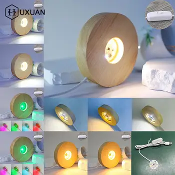나무 라운드 LED 야간 조명 기본 아트 디스플레이 홀더 USB 램프 크리스탈 유리 공 수지 아트 장식 100mm