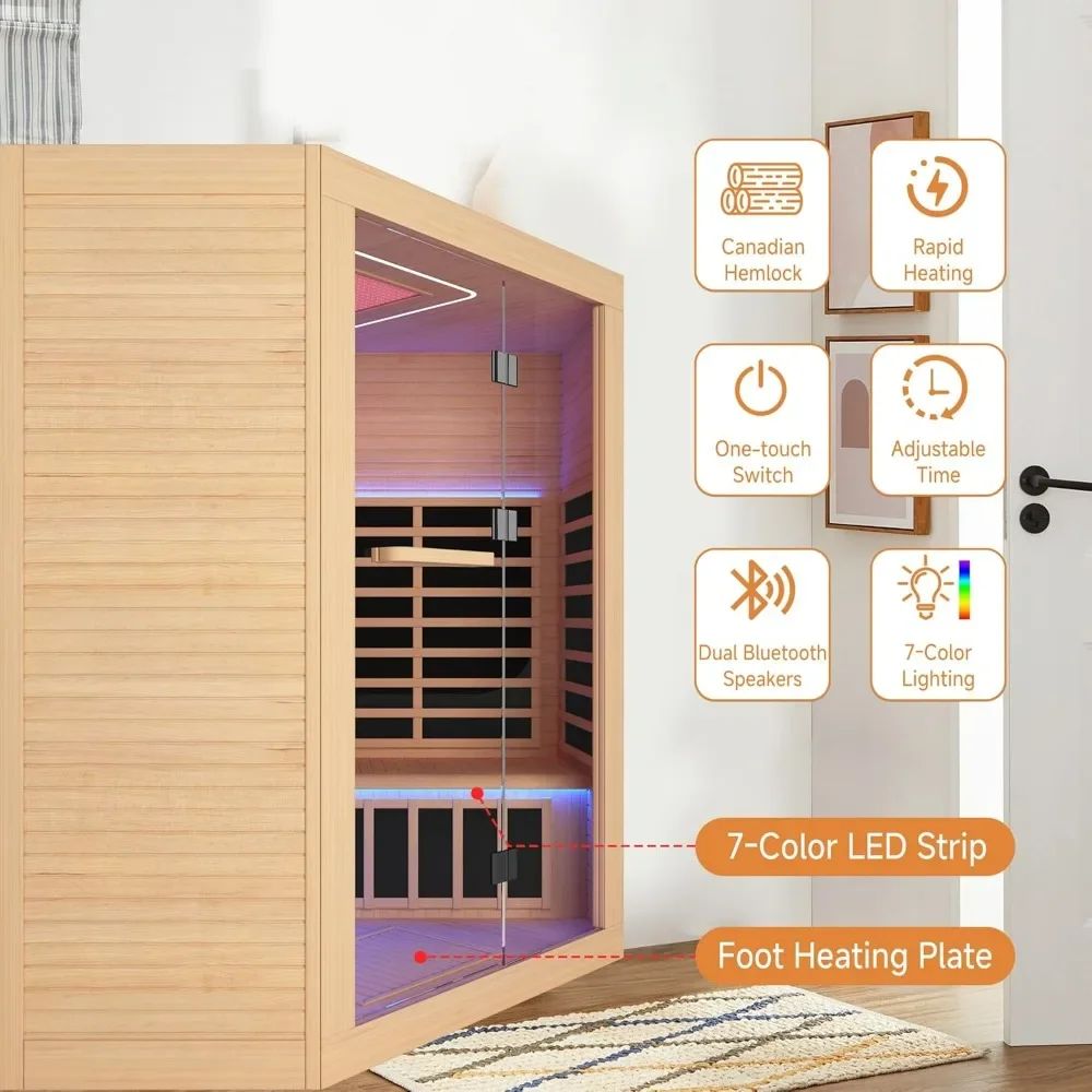 Sauna, 5 Person Far Infrared Saunas Room Low-EMF Dry Saunas with 11 Heating Plates Beauty Lamp Oxygen Bar Speaker Control Panel 2