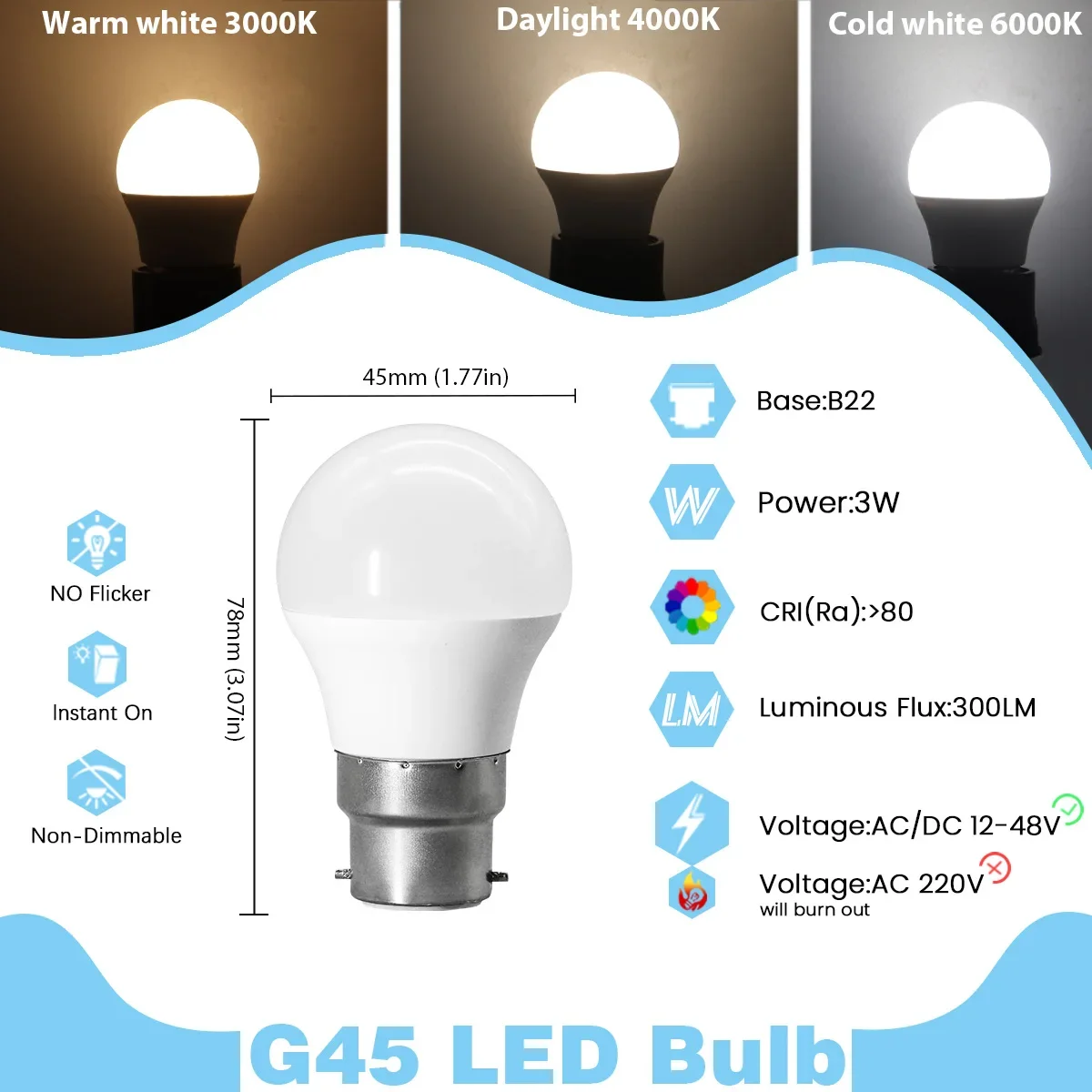 5 шт. світлодіодних ламп G45 A60, DC AC 12V-48V, E27 B22, 3W, 5W, 10W, денне світло, світлодіодні лампочки для зовнішнього освітлення.