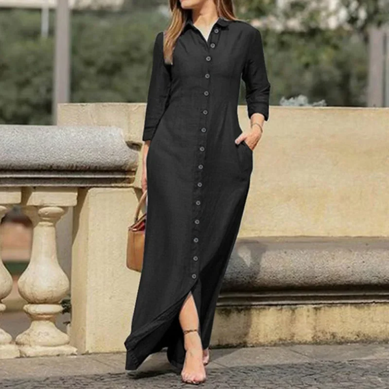 Casual Shirt Dress Women Turn-Down Collar Long Dresses Office Ladies Single Breasted Maxi Dress Party Dresses Vestidos Robe