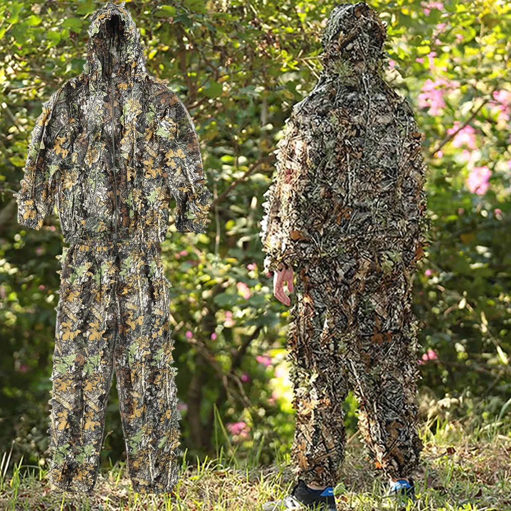 Tactical Outdoor 3D Maple Leaf Bionic Camouflage Ghillie Suit Jungle Clothing Set Pants Hooded Jacket for Kids Men Women Hunting