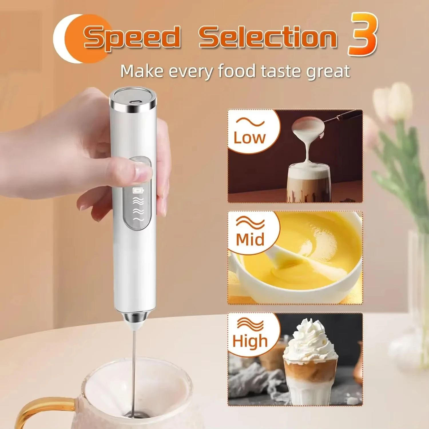 1 electric mixer, milk frother, coffee machine, egg beater, dual stick, 3-speed rechargeable batter, kitchen jam and cream mixer 3