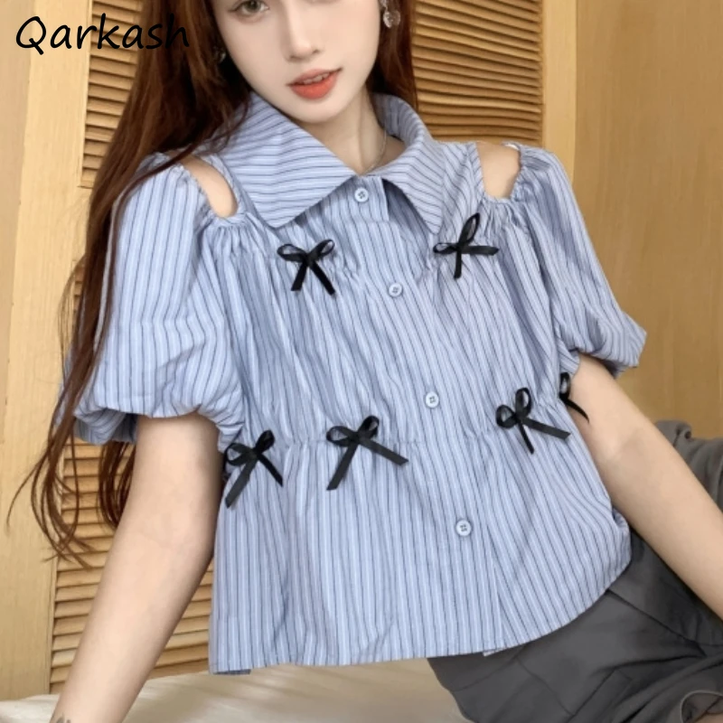 

Striped Kawaii Shirts Women Clothing Aesthetic Off Shoulder Vintage Summer Streetwear Casual Baggy All-match Minority Girl Daily