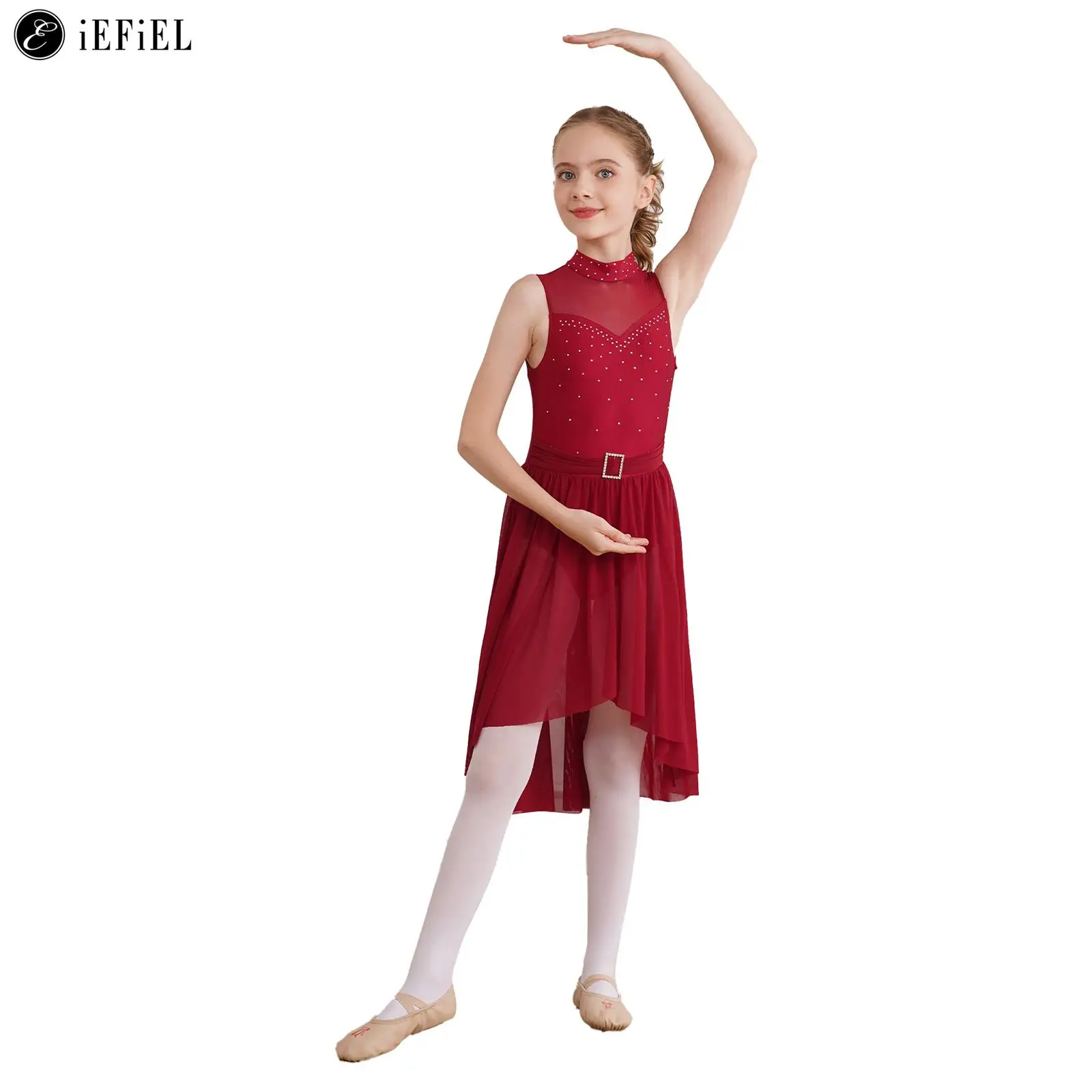 

Girls Lyrical Ballet Dance Dress Rhinestone Keyhole Back Asymmetrical Tulle Skirt Leotard Modern Contemporary Dancewear Costume