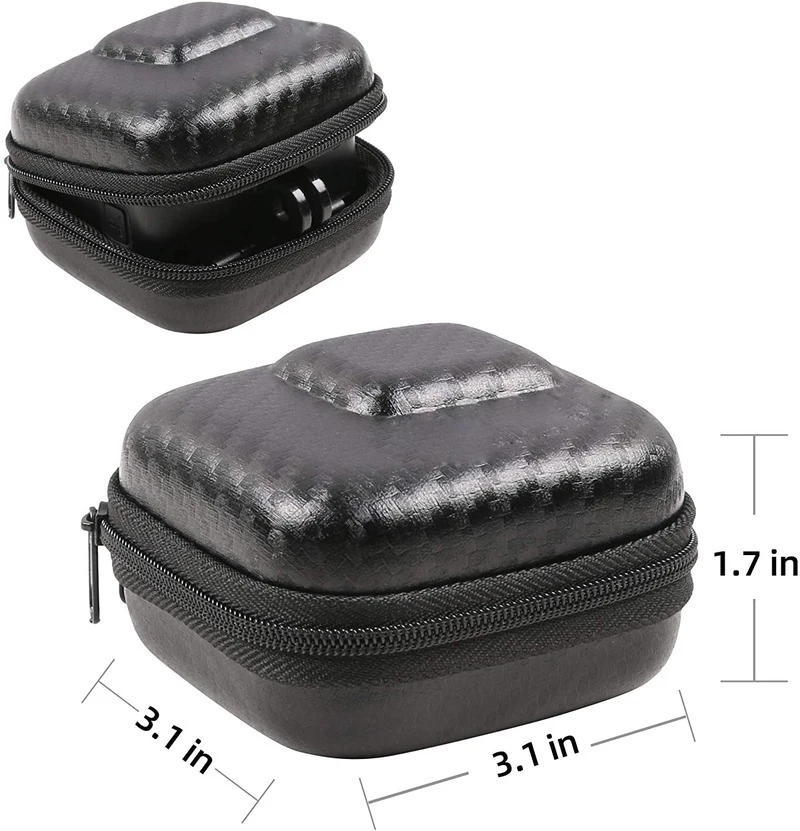 Étui de protection GoPro fermé avec mousqueton, vue de dessus montrant les coutures renforcées.
