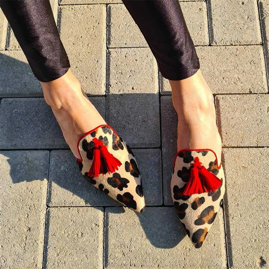 

Flat Women Slippers 2023 Spring Casual Women Leopard Faux Suede Pointed Toes Tassel Mueller After Empty Slippers Dropshopping