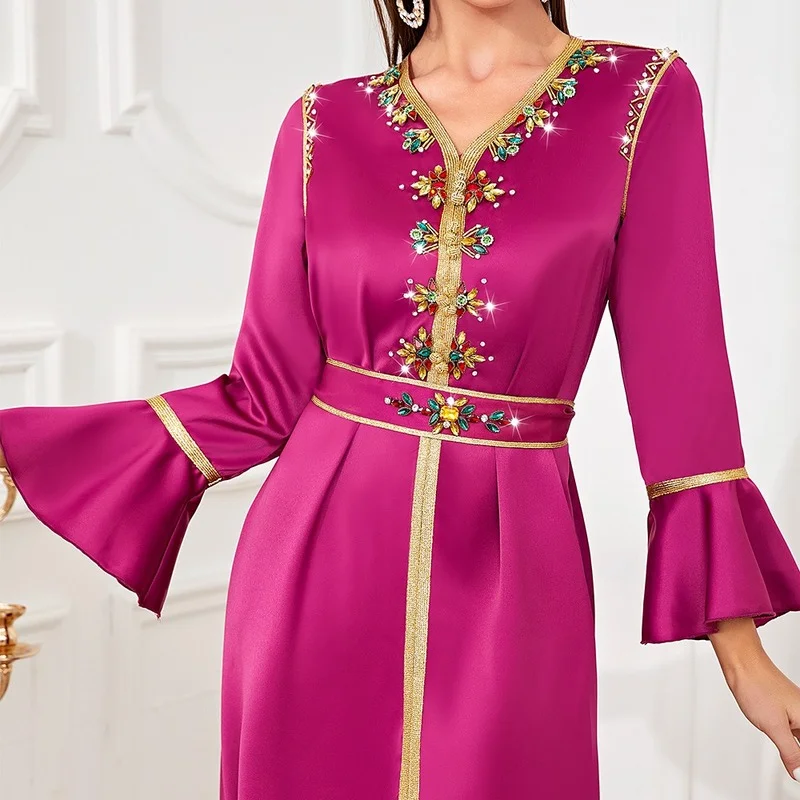 2023 Islam Abayat Ruffle Cuff Belt Abayas for Women Dubai Turkey Modest Kaftan Diamond Dress Muslim Fashion Ramadan Abaya Femme