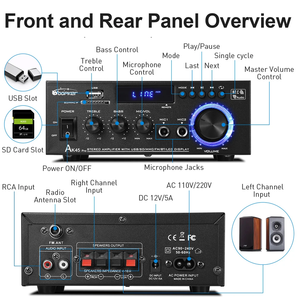 90Wx2 Channel 2.0 Bluetooth Surround Sound AMP Speaker AK45 PRO New 12V 220V 110V  HiFi Digital Amplifier Max Power — view 3
