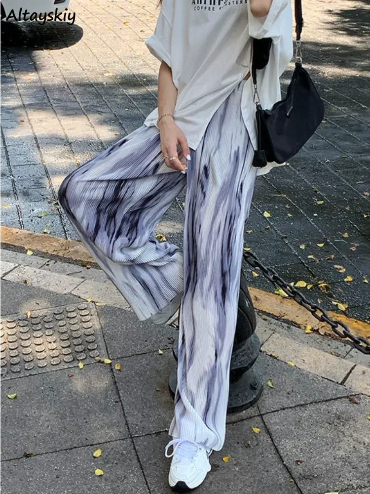 

Casual Pants Women Wide Leg Loose Tie Dye Chic Elastic Waist Streetwear Trouser Full-length Basic College All-match Summer Teens