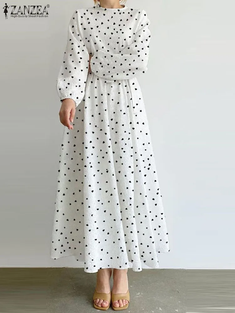 여성 원피스 디자인 긴팔 오픈 백, 슬림핏, 불규칙 칼라, 레터 프린트 스트랩, 백 활 여성복, 가을 9 ZANZEA-캐주얼 하트 프린트 미디 드레스, 우아한 롱 퍼프 슬리브, 한국 스타일, 여성 파티, 허리 주름 디자인, 배기 롱 드레스
