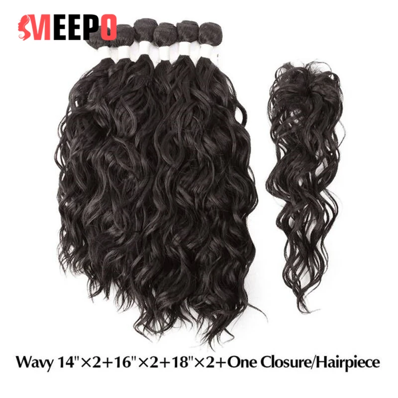 Meepo Synthetic Hair Bundles Natural Wave 6 Bundles(14*2+16*2+18*2) with Closure Curly Hair Extensions High Temperature Fiber