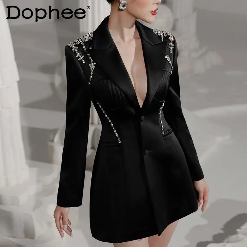 

Women's Clothes Autumn Winter Niche Heavy Industry Nail Rhinestone Deep V-neck Waist-Controlled Slimming Black Workplace Dresses
