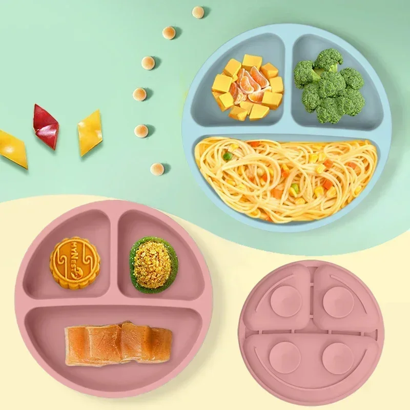 Silicone dining plate silicone meal set silicone feeding set silicone feeding bowl baby tableware set Baby Silicone Plate 4 Suction Cups Toddler Feeding Plate Smile Face Sucker Bowl Children Dishes Kids Training Tableware