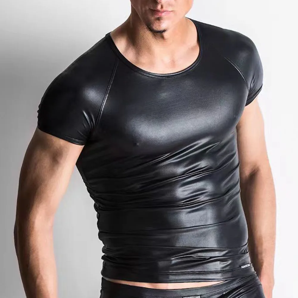 

Summer Men Tops Stretch PU Leather Short Sleeve T-shirts Sexy Club Slim Bar Stage Performance Tee Shirt Elastic Tops Clothing