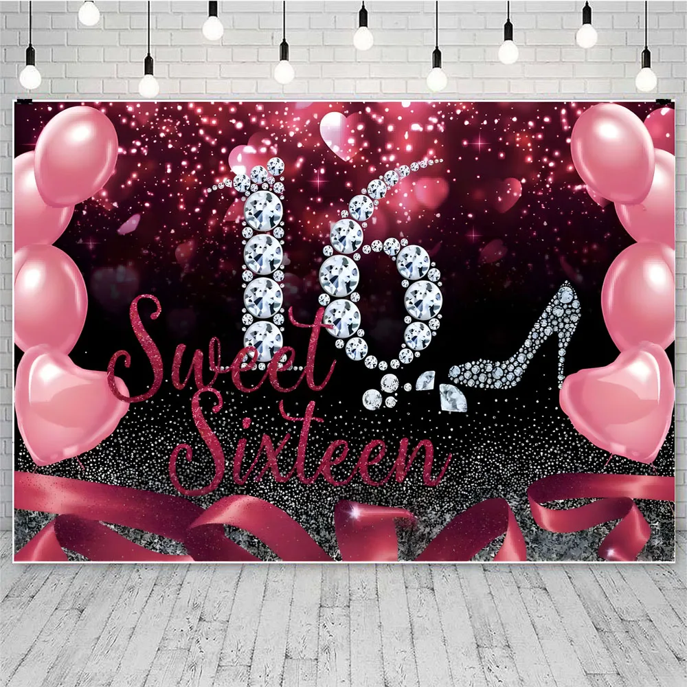 Purple Balloon Present Sweet 16 Background for Photography Sixteen Birthday Party Backdrop Decor Props Banner Poster