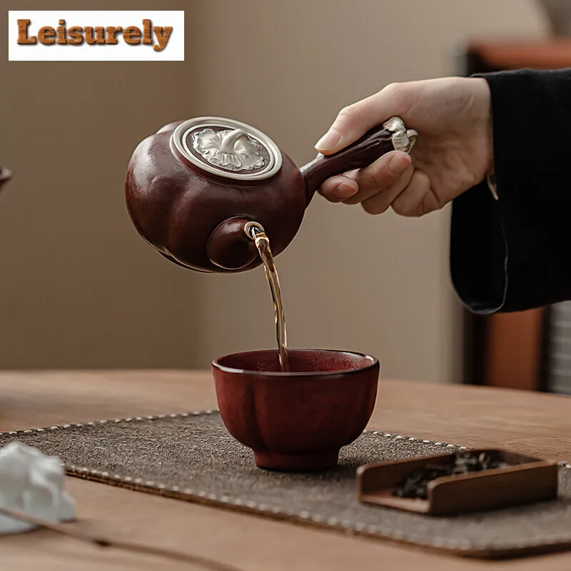 240ml Zhino Roast Persimmon Red Ruyi Side Handale Pot Kiln Change Ceramic Teapot Filter Brewing Kettle Dry Brew Table Tea Tray