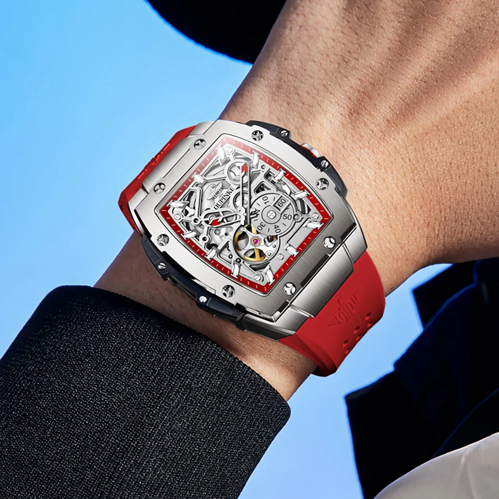 OUPINKE Original Brand Skeleton High Quality Automatic Watches for Men Silicone Luxury Mechanical Waterproof Tonneau Wristwatch