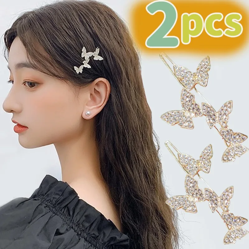 

2Pcs Shiny Bow Rhinestones Hairpins Women Girls Cute Bangs Hair Clips Gold Daily Hair Claw Fashion Hair Accessories Party Gifts