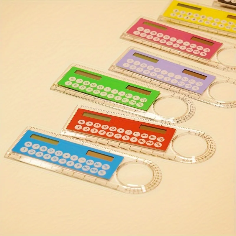 Mini Ultra-Thin Ruler with Solar Calculator Magnifying Glass Multifunctional Calculator 10cm School Office Supplies