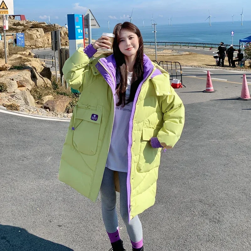 Macaron Color Down Jackets Hooded Women Husky Ladies Coats Mid-length 2023 Plus Size White Duck Loose Cargo Black Green Parkas