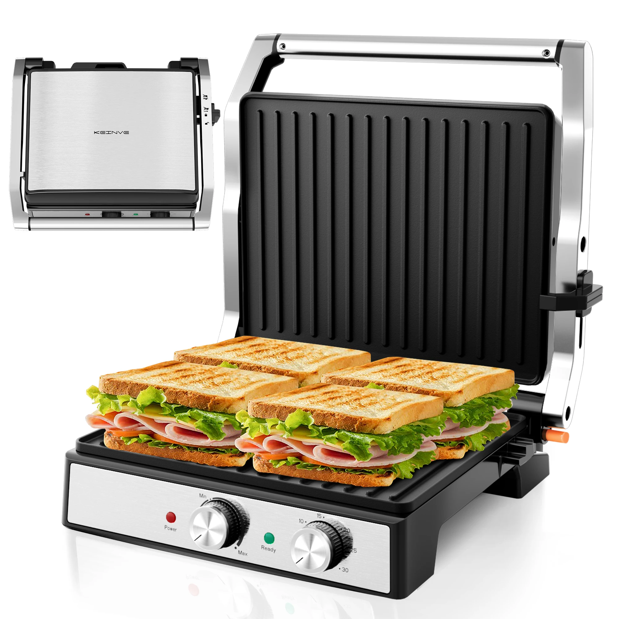 1500W 4-Slice Panini Press With Timer, Adjustable Temp & 180° Opening - Electric Grill, Stainless Steel Sandwich Maker 1