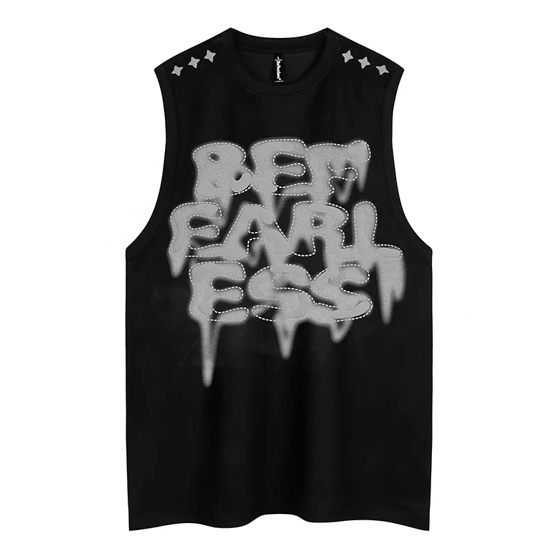 

Sports Vest Men's round Neck Pullover Street Letter Print Summer Thin Trendy Loose Casual Couple Sleeveless T-shirt Black Gray