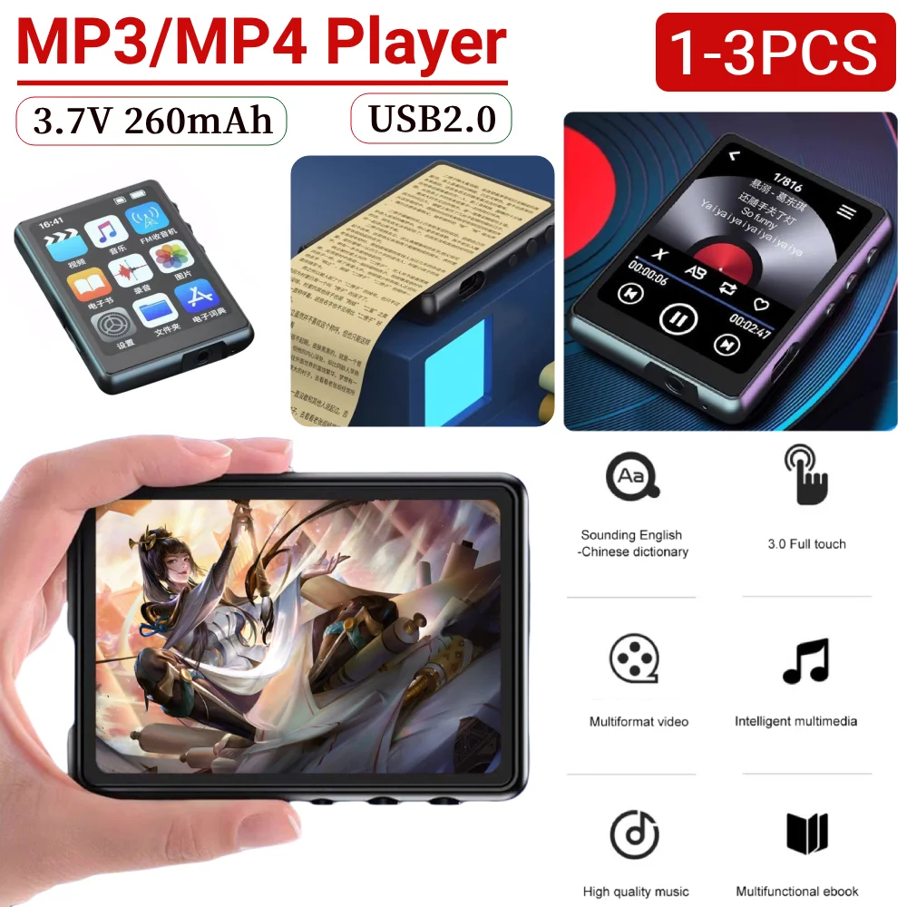 MP3 MP4 Player Voice Recorder Full Touch Screen Bluetooth-Compatible Audio Player with Speaker Support FM Radio Recording E-Book