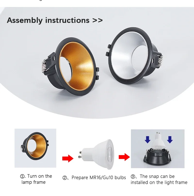 Description Picture 5 of itemSocket Holder Base Rimless Spot Lighting Fitting Fixture Round Recessed Ceiling Mount Downlight Frame Bracket LED MR16/GU10Lamp