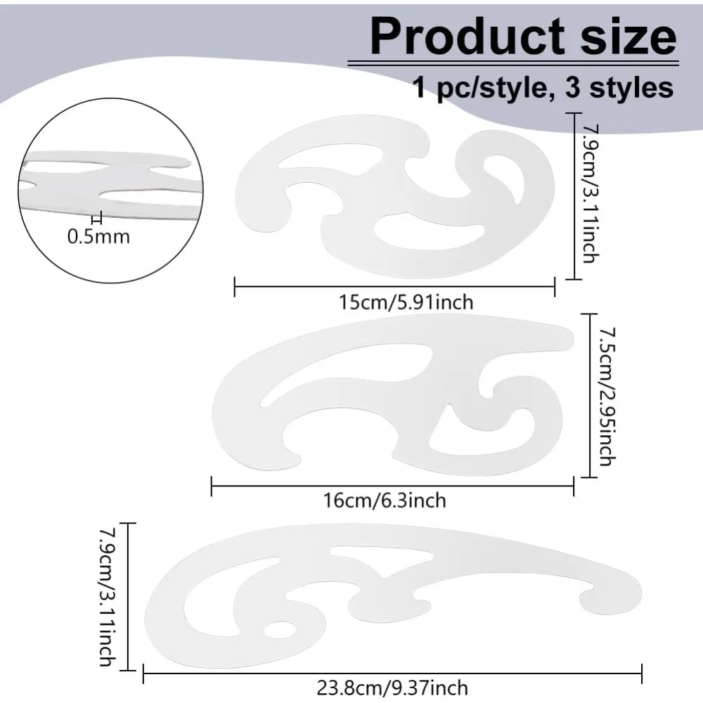 3 Pcs Stainless Steel French Curve Ruler Metal Pattern Ruler Drafting Stencils Drawing Templates Tool for Garment Leather