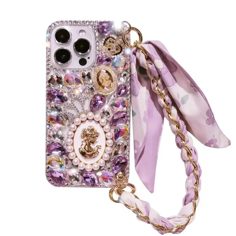 Ribbon Cord Diamond Phone Case with Wrist Lanyard and Stylish Cover Design