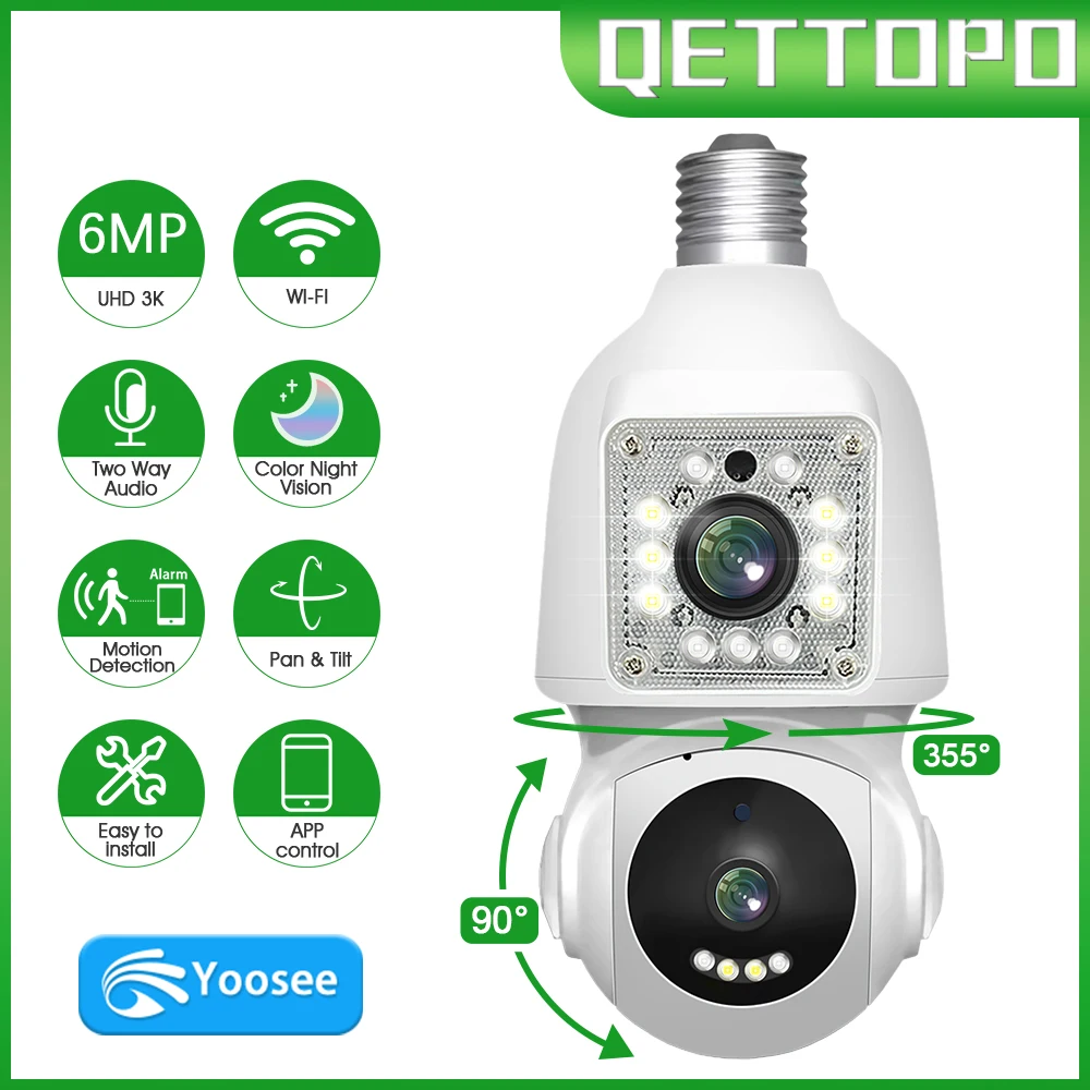 

Qettopo 6MP двойной объектив E27 лампочка WIFI камера двойной экран AI человеческого слежения Крытый 4MP Безопасность PTZ IP камера Yoosee