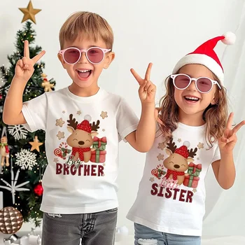 Deer Big Brother Little Sister 3D Print Kids T-Shirt Christmas Party Boys Girls Outfit Holiday Sibling Child Short Sleeve Tee