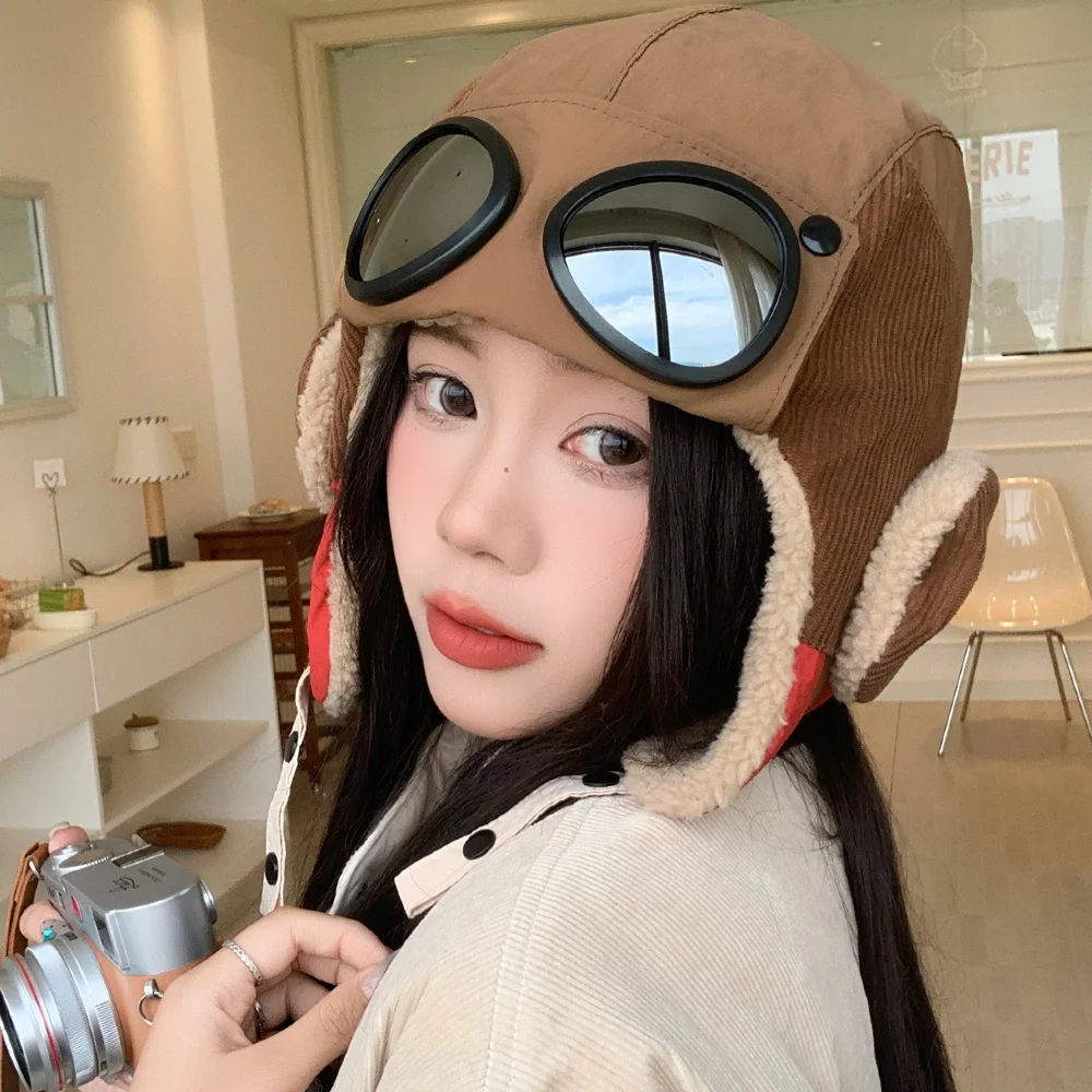 Hot Sale Women Warm Bomber Hats With Goggles Plush Fur Winter Hat With Earflap Winter Dandy Cap
