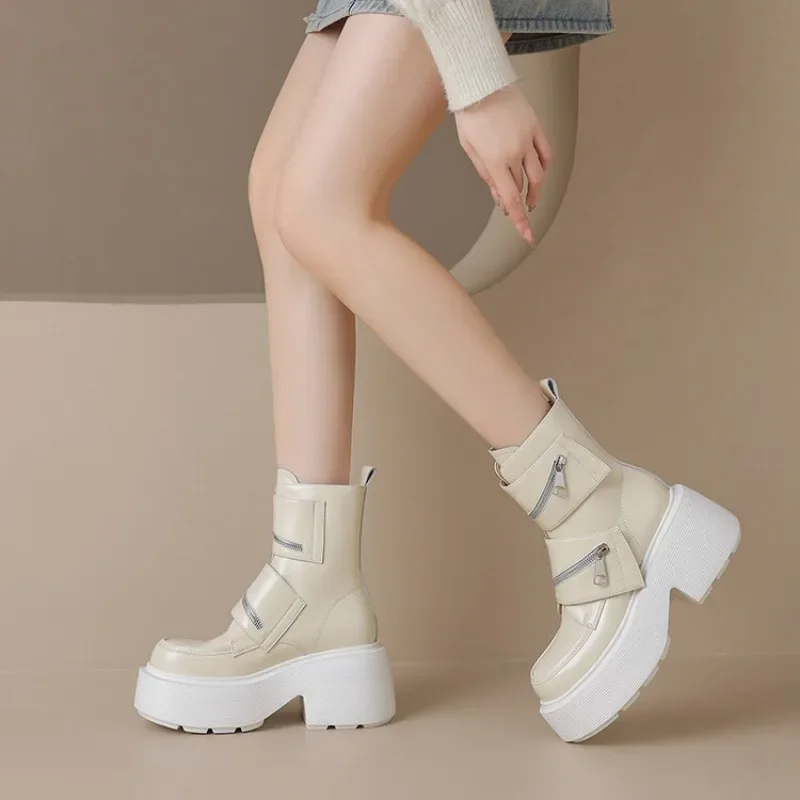 

2023 Women's Genuine Leather Matsutake Bottom Zipper Decoration Short Boots Women's Knight Boots Retro Versatile Short Boots