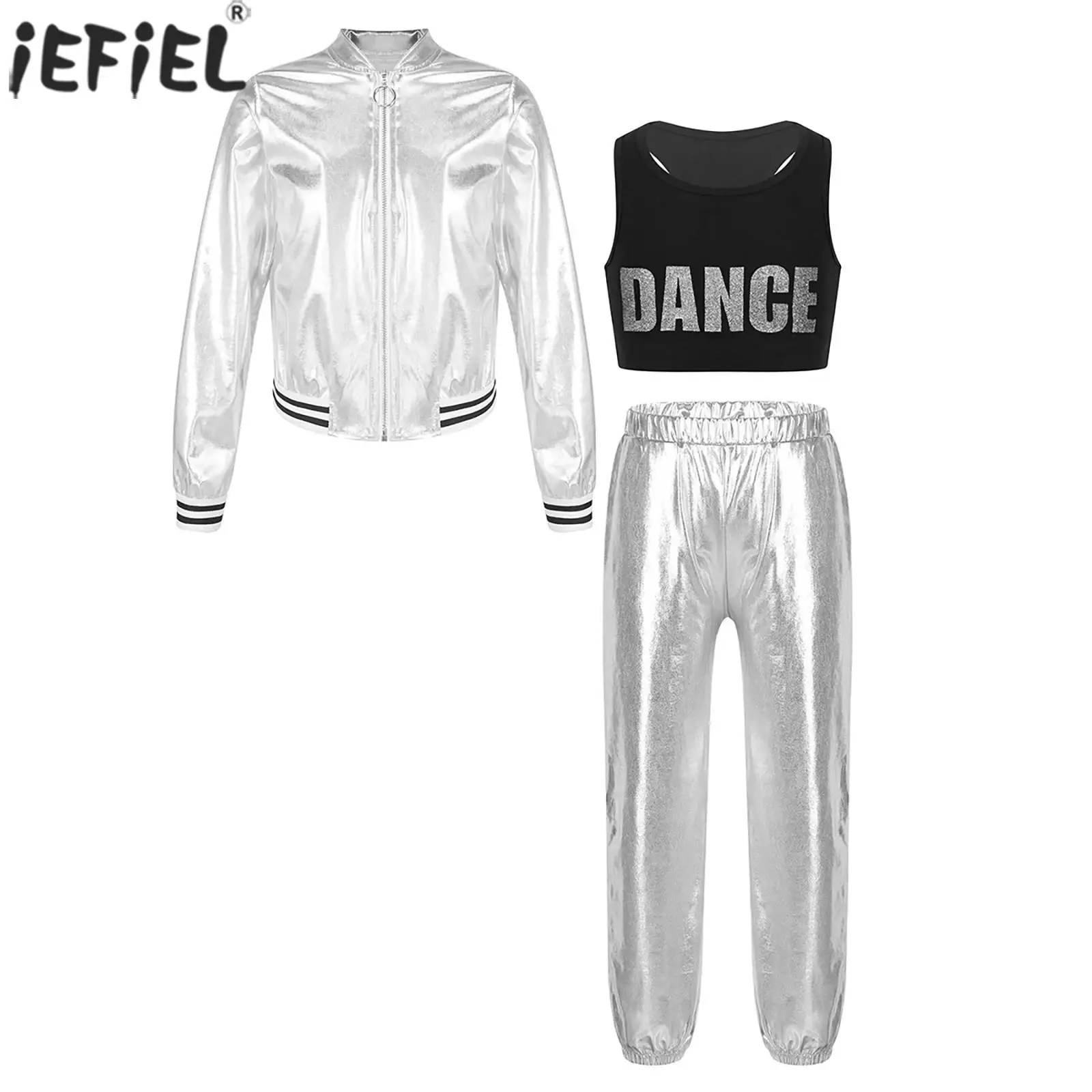 

Kids Girls Jazz Hip Hop Street Dance Costume Metallic Shiny Jacket with Crop Top Pants Stage Performance Ceerleading Dancewear