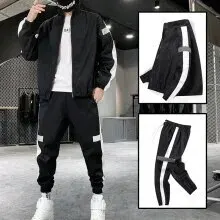 Negro con Tira Reflectante - Conjunto Deportivo Informal de 2 Pcs para Hombre