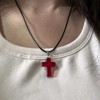 Collier gothique Vintage avec pendentif croix en verre rouge, chaîne en corde de perles noires pour femmes et hommes, accessoires de bijoux esthétiques EMO Grunge Y2K 1
