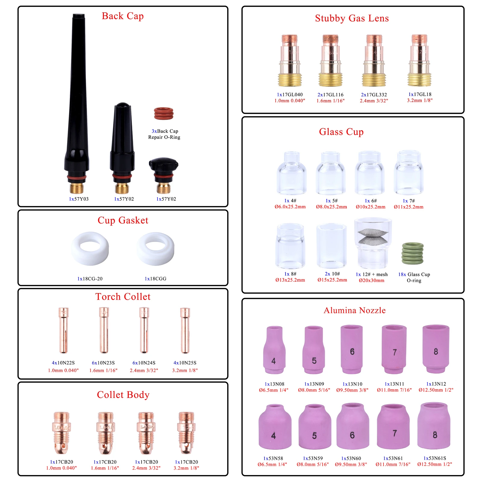 Kit consumabili stubby e stubby GAS LENS per torcia tig 17 - 18 - 26, 1