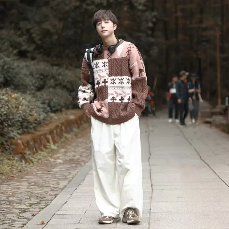 Sweater Men's Winter American High Street Fashion Brand Casual Color Contrast Splicing Lazy Knitted Sweater Loose Thickened Coat