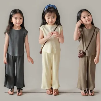 1pcs Summer Children's Clothing Sets Girls Kids Toddler Clothes Solid Color T-shirt Tank Top +Length Pants  Baby Girl Clothes 1