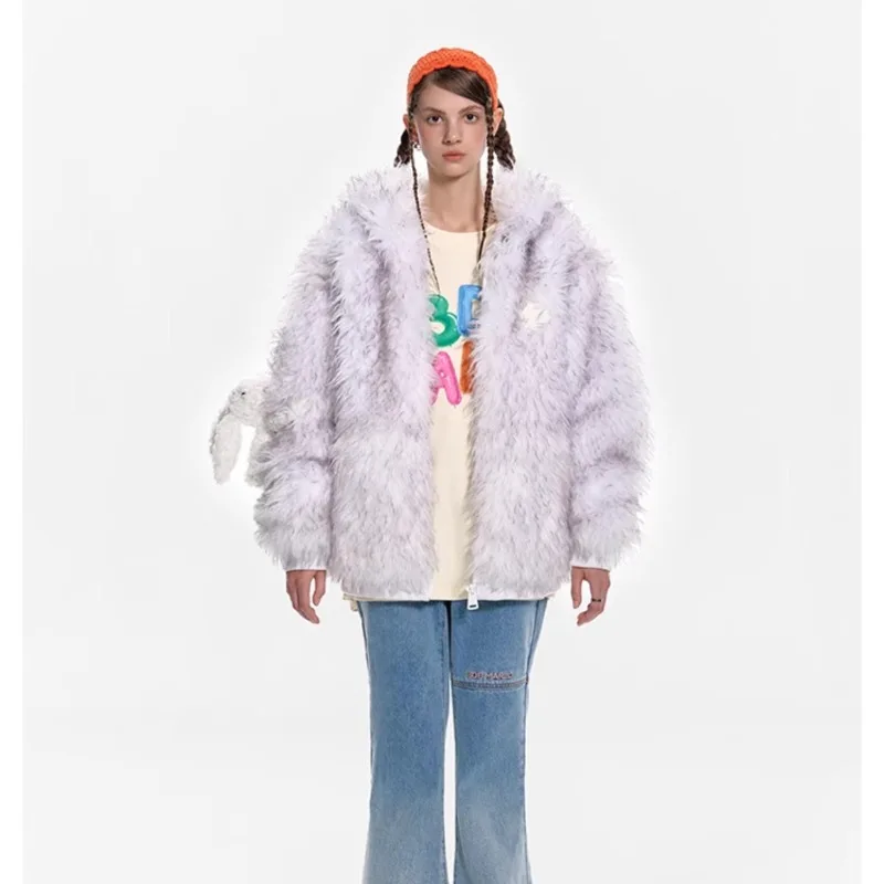2023 Autumn And Winter New Fox Faux Fur Hooded Coat Cute Rabbit Ears Furry Jacket Female Winter New Cotton Clothing For Women