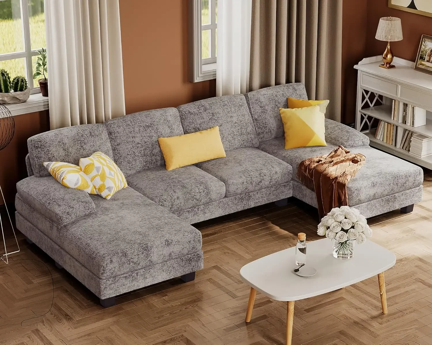 Description Picture 2 of itemSectional Couches for Living Room U-Shaped Sofa Couch with Linen Fabric 4 Seat Sofa Set with Double Chaise for Apartment