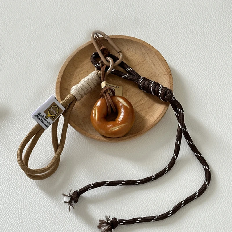 Alkali Water Bread Bagel Keychain Cute Smiling Face Bread Woven Rope Pendant Bag Key Car Accessory Handmade Trendy Keyring