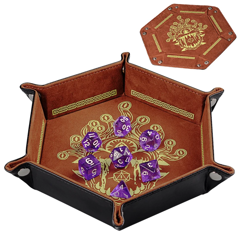 D&D Dice Tray PU Leather Hexagon Dice Holder Printed with Beholder Portable and Foldable Rolling Mat dice tray